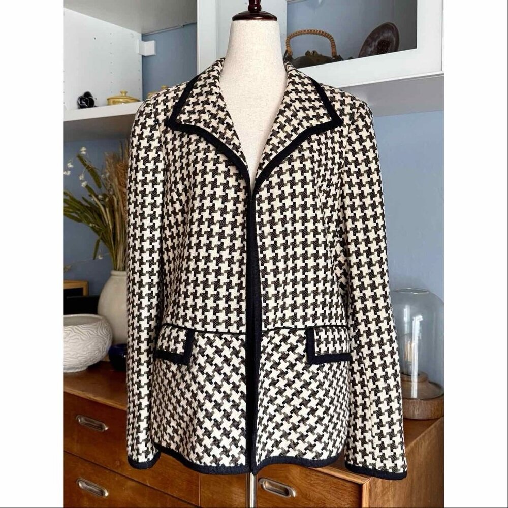 Nina Mclemore Houndstooth Wool Tweed Blazer Jacket Black Brown Ivory